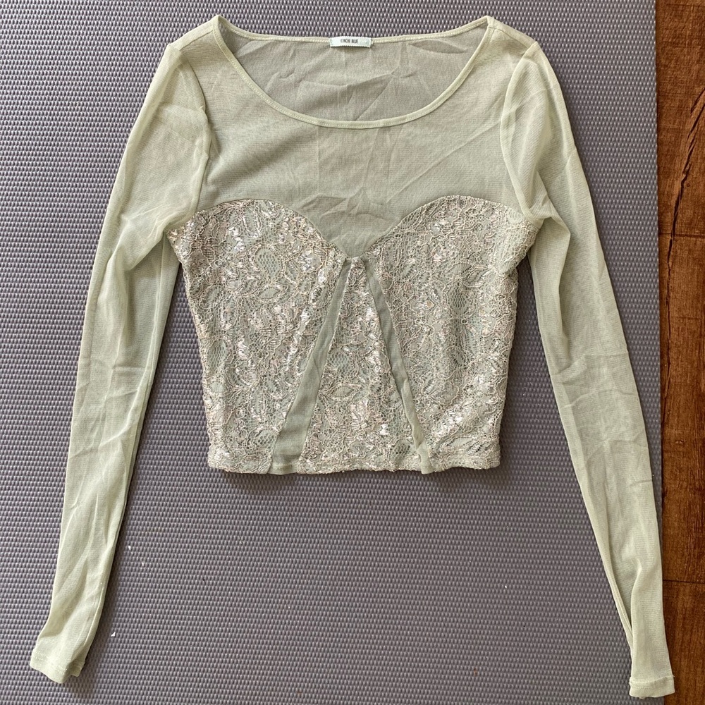 Kimchi Blue. Size unmarked, fits like an XS. Sheer. Sea Foam Green